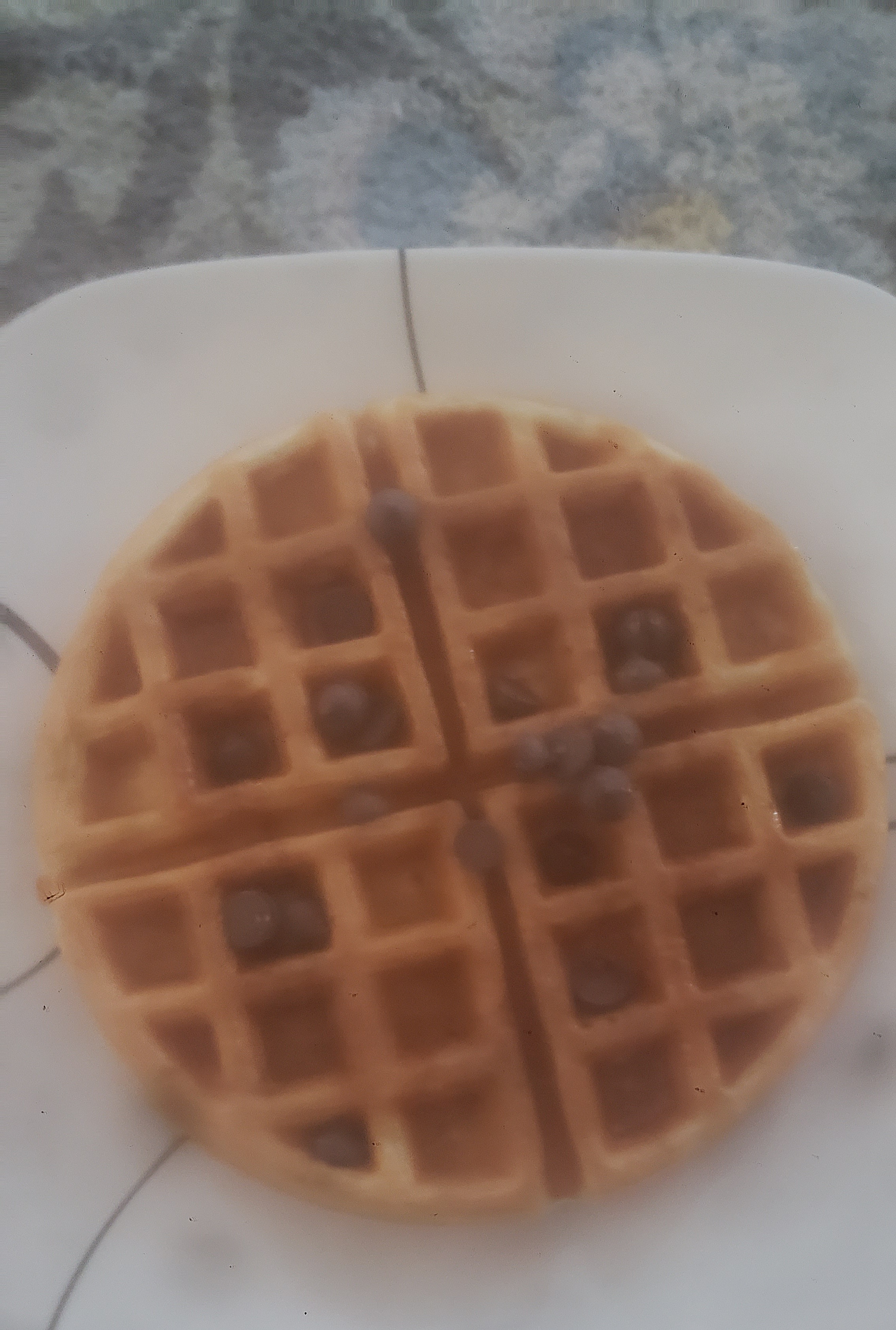 Chocolate chip waffle on a plate.